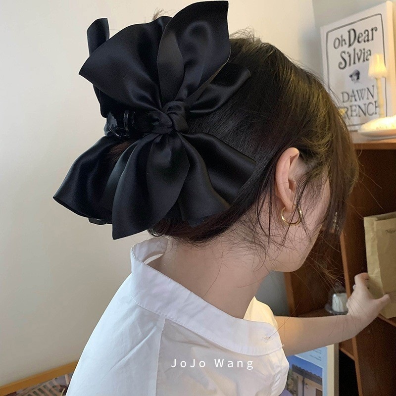 Satín de alta sensación, arco negro grande, clip de tiburón, toque de cabeza, clip de nube, clip de agarre, clip de cabello, tarjeta de cabello de mujer