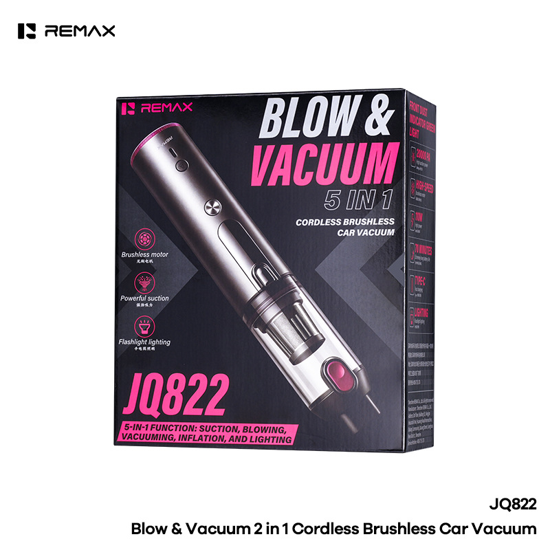 REMAX Rui Liang car-mounted, cordless, brushless vacuum cleaner with integrated blowing and suction functions, featuring a built-in light and long battery life for convenient portability