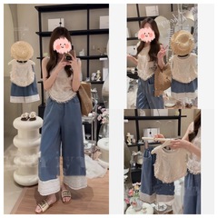 2024 Summer Korean-style Lace Vest and Denim Pants Set for Moms and Daughters – Slimming Look, Perfect for Girls