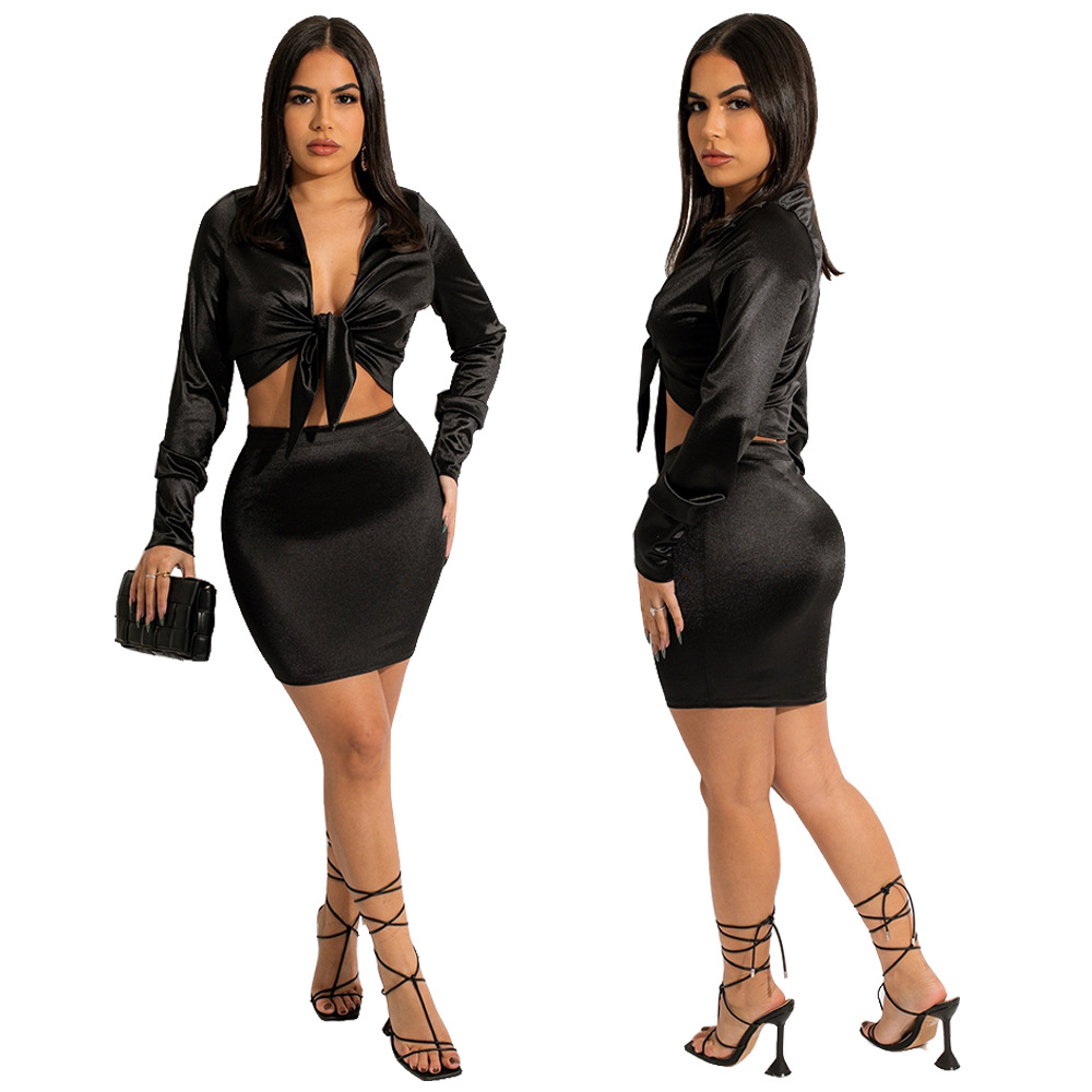 Completo da donna con gonna a due pezzi attillata sexy a maniche lunghe_voghion.com