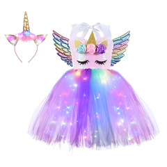 Unicorn Headband with Light-Up Function, Tutu Dress, Girls' Costume Dress for Children's Festival, Performance Gown for June 1st Children's Day