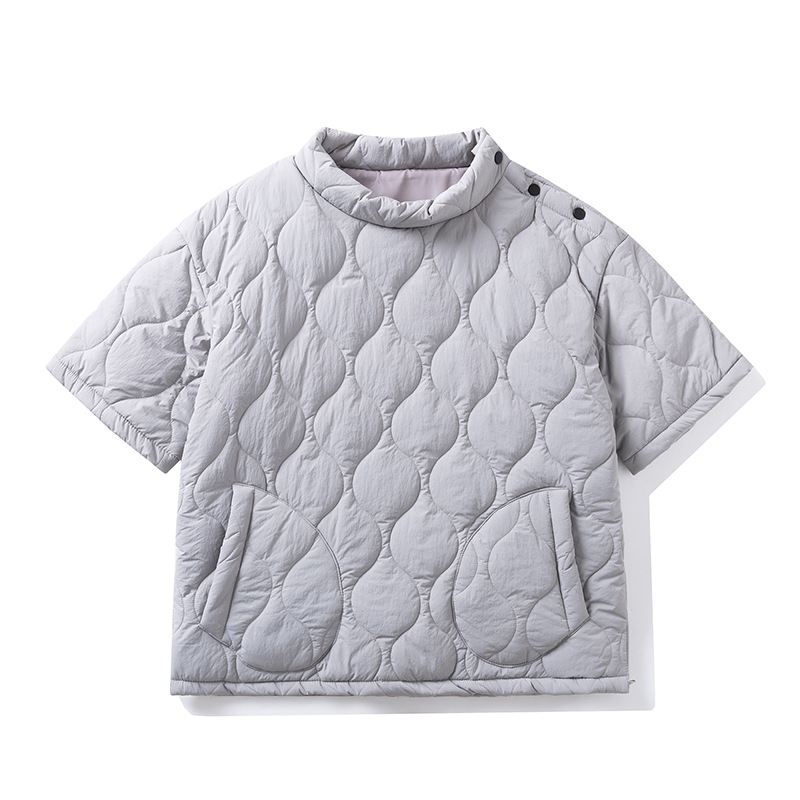 绗棉外搭短袖棉衣男款冬季美式工装立领套头宽松休闲纯色半袖棉服