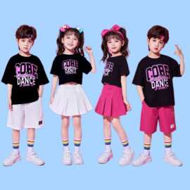 六一儿童演出服小学生运动会黑玫红短袖啦啦队表演套装幼儿园园服