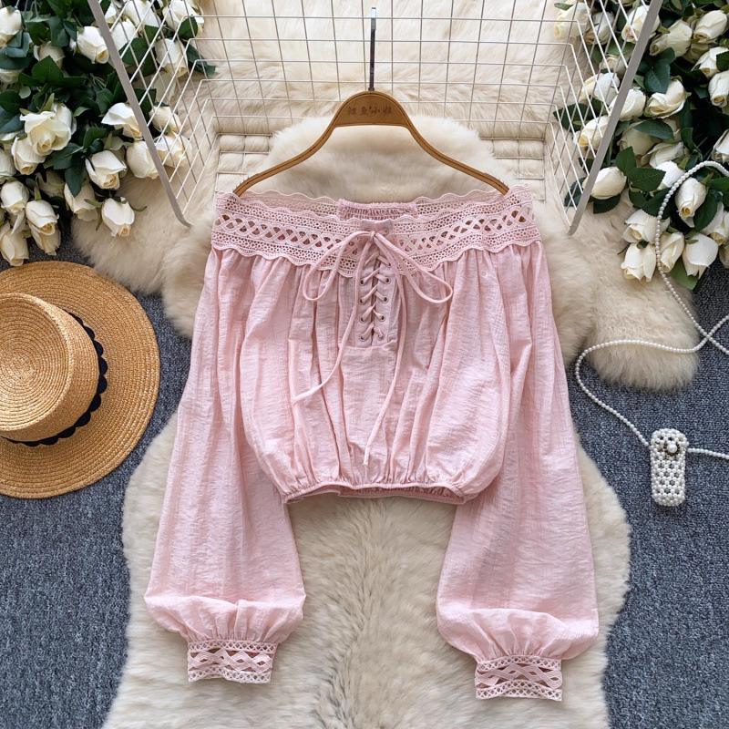Trendy Off-Shoulder Long-Sleeve Shirt for Women with Lace Patchwork and Waist-Cinching Design for Autumn
