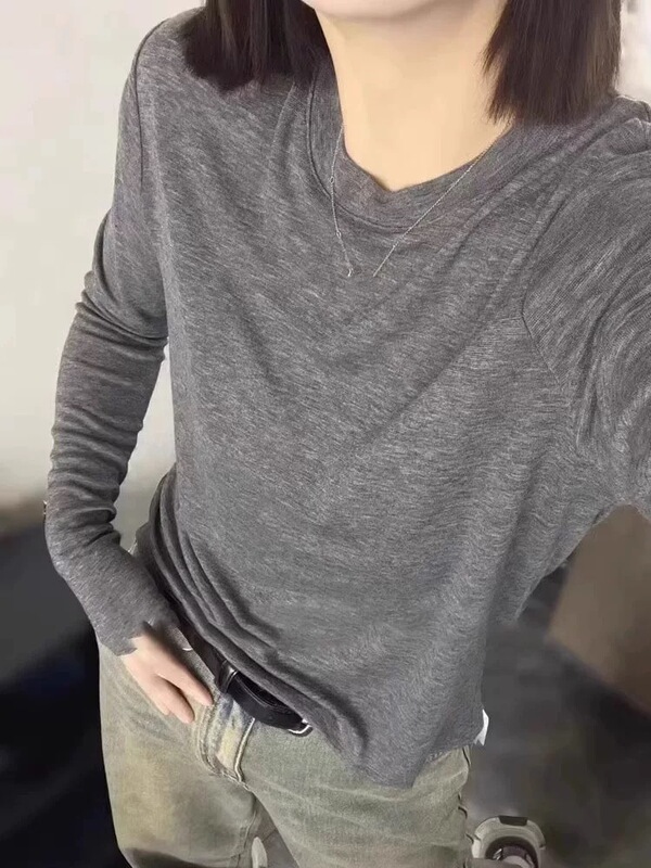哥家商场同款女装2025秋季百搭通勤圆领显瘦天丝羊毛长袖打底衫|undefined