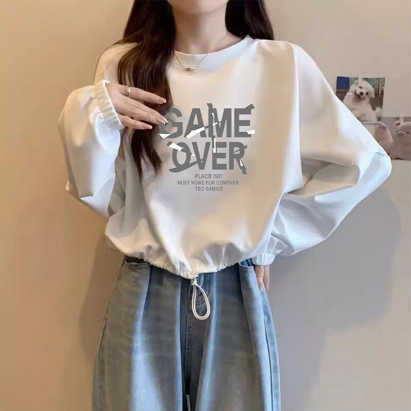 Drawstring Thin Sweatshirt Spring and Autumn 2026 Style College Korean Version Loose Lazy Long-Sleeve Short Top for Women Ins Style Covering the Body