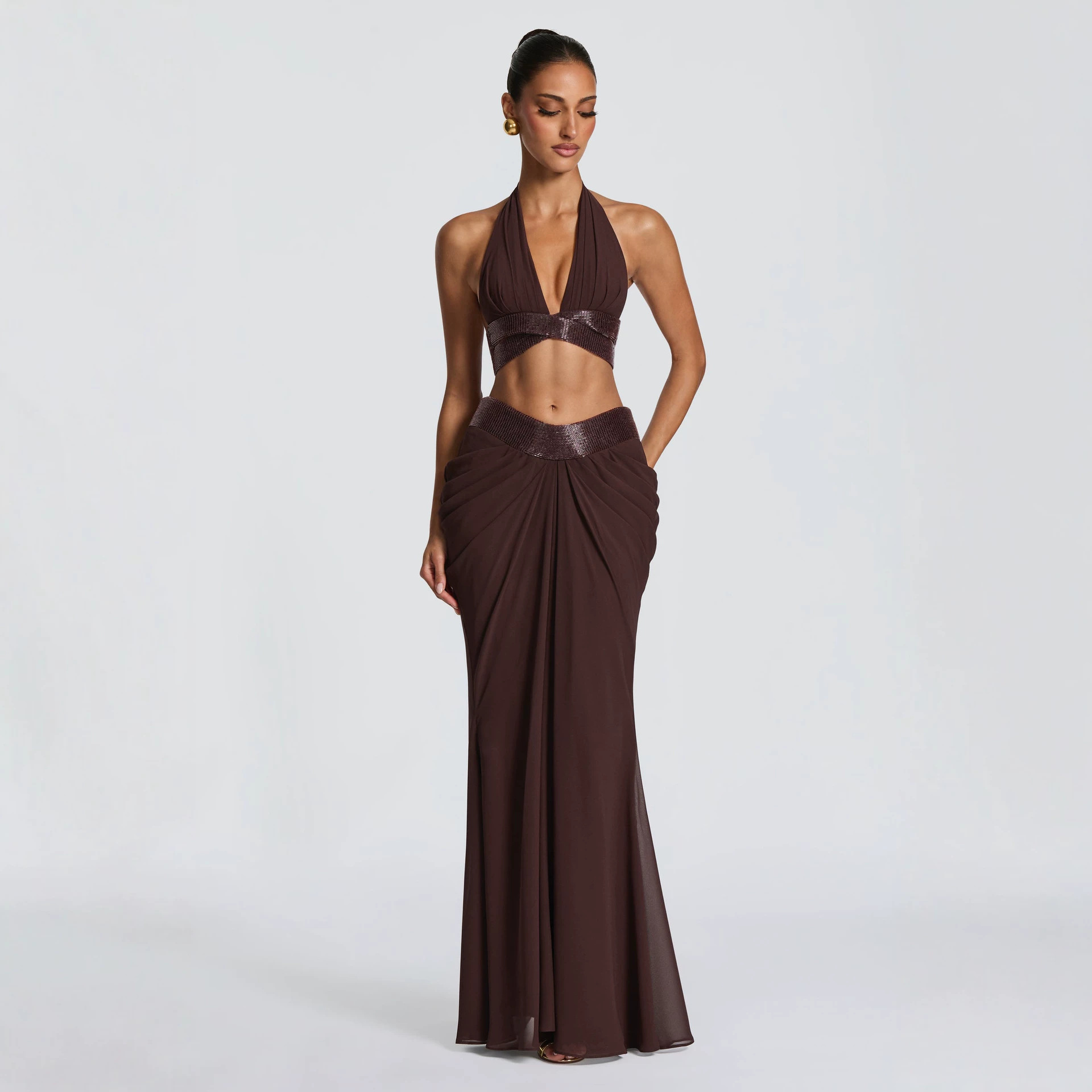 Foreign Trade Summer New Fashion European and American Women's Clothing Set: Sequin Tie-Up Crop Top and Pleated Bodycon Skirt
