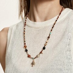 フレンチレトロファッショナブルなニッチ天然石カラービーズサンライズキノコペンダントネックレスレディースセーターチェーンハイエンド