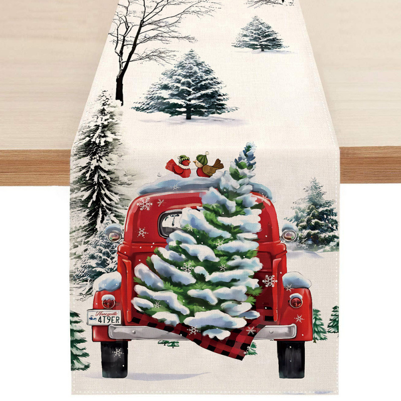 Camino de mesa navideño con estampado de muñeco de nieve y Santa
