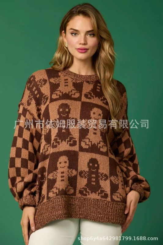 アマゾン秋冬新型クロスボーダー欧米女装クリスマス格子縞衝突色セーター長袖ゆるいプルオーバーセーター|undefined
