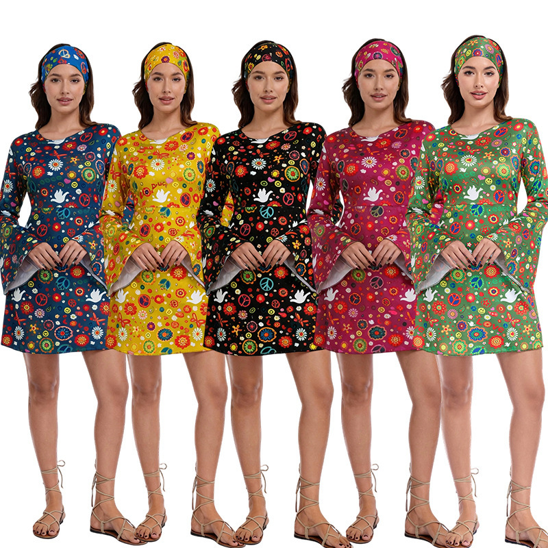 Hippie Cosplay, Disco Outfit, Festival Dress, Halloween Cosplay Costume, 70S Headscarf Print Dress Hippie Cosplay, Disco Outfit, Festival Dress, Halloween Cosplay Costume, 70S Headscarf Print Dress