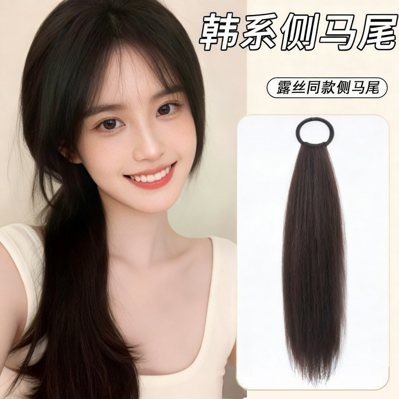 Wig for Women with Long Straight Hair, Elastic Ponytail, Tie-On Style, Natural, Can Be Tied High or Side, Wholesale Korean Style Double Ponytail Wig for Women with Long Straight Hair, Elastic Ponytail, Tie-On Style, Natural, Can Be Tied High or Side, Wholesale Korean Style Double Ponytail
