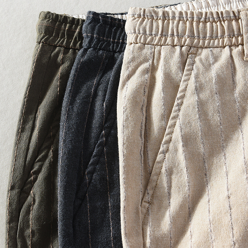 Pantalon décontracté homme rayé coton lin taille élastique_voghion.com