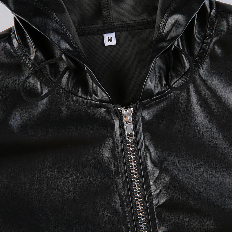 Mid-Length Drawstring Zipper Loose Leather Pullover Jacket NSRUI94610