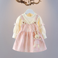 童装女童连衣裙春秋款2024洋气女宝宝秋季裙子碎花假2件送兔子潮