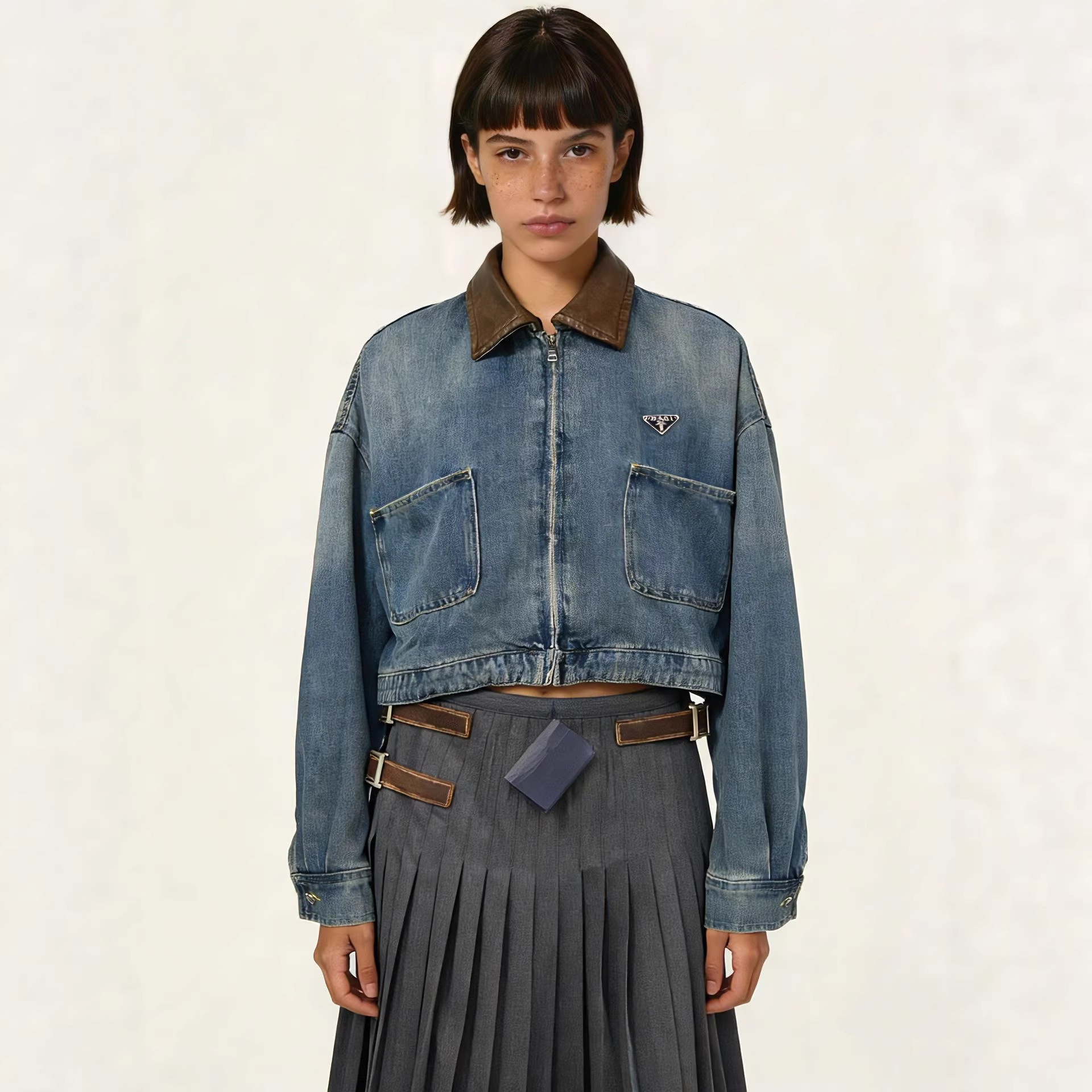 阿里推荐PD「深圳南油」三角皮领牛仔拉链夹克外套减龄百搭春秋