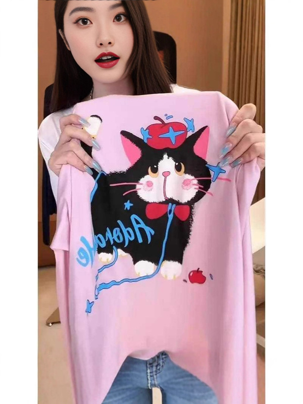 芯娇晴粉色猫咪印花长袖防晒T恤女夏季2025宽松显瘦冰丝薄款上衣|undefined