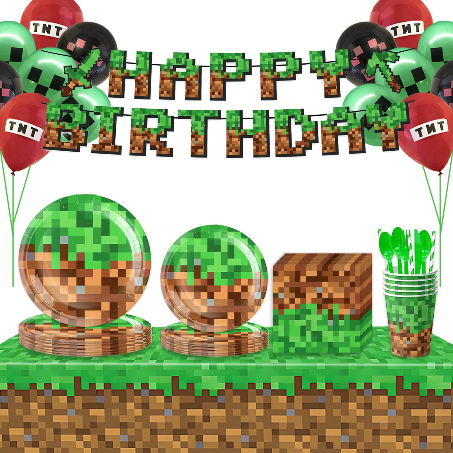 Party decorations set, Minecraft style, plates cups utensils balloons banner, packs 10–20 pcs