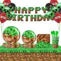 Party decorations set, Minecraft style, plates cups utensils balloons banner, packs 10–20 pcs