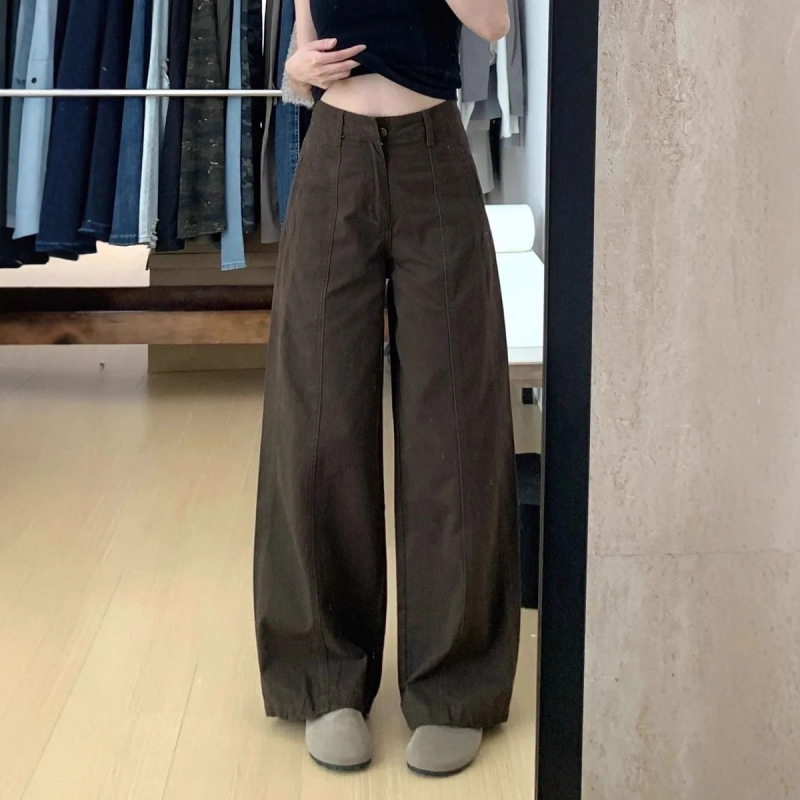 American Retro Coffee-Colored Wide-Leg Jeans for Women, Petite High-Waisted Loose Slimming Straight-Leg Floor-Length Pants Trendy