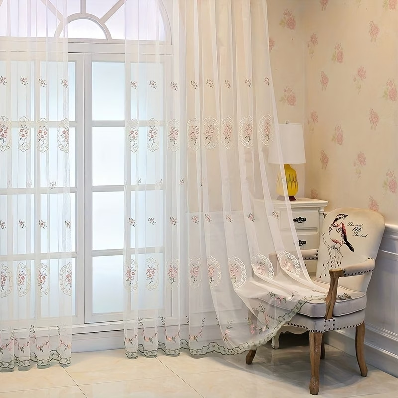 Amazon cross-border embroidered pink floral finished curtains, pastoral vintage style window screens, SHEINTEMU in stock