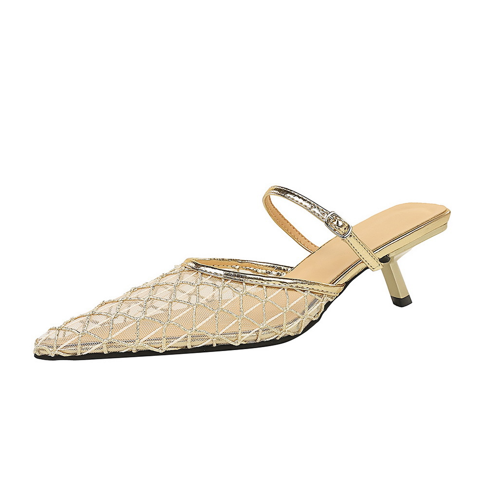 5131-2 French Style Mesh Lace Pointed Toe Stiletto Heel Mules For Women, Hollow Sexy One-Strap Slippers_vogvips.com