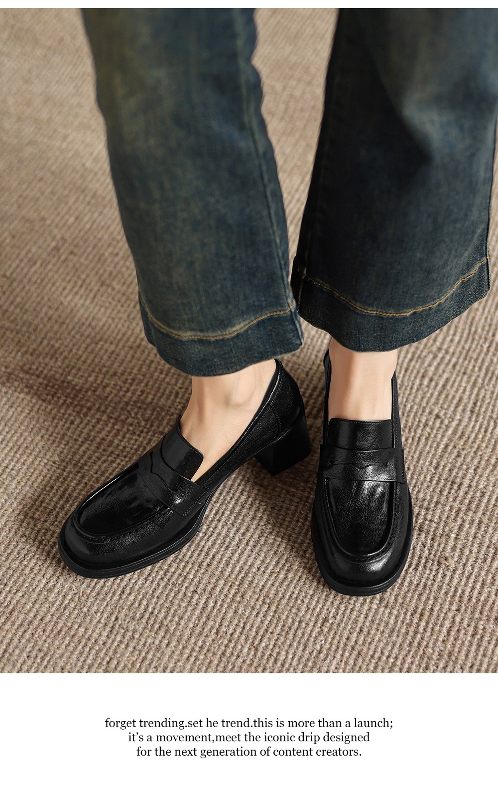 Giày cao gót nữ mũi tròn da dê gót vuông ổn định kiểu loafer — màu nâu chi tiết 13