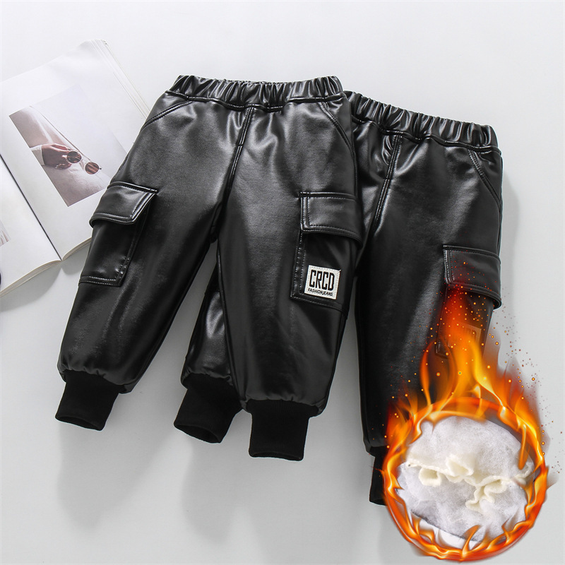 Children's fleece-lined Thickened Leather Pants PU Cotton Pants Plus Cotton Boys' Three-Layer Leather Cotton Pants Windproof Warm Baby Winter Pants
