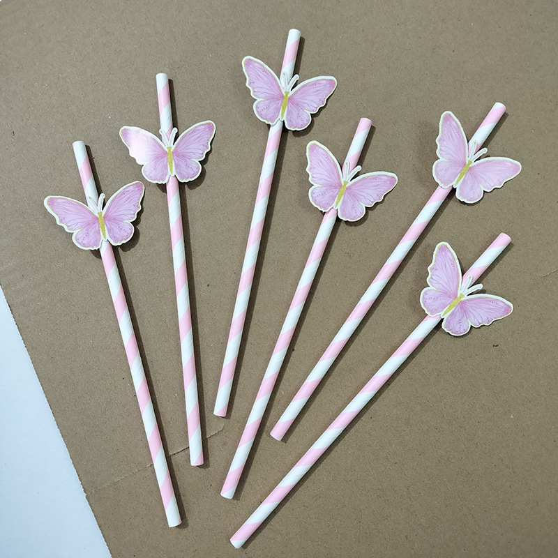 Pajita de papel de tarjeta de mariposa de punto transfronterizo Postre degradable desechable Pajita de decoración de fiesta de bar