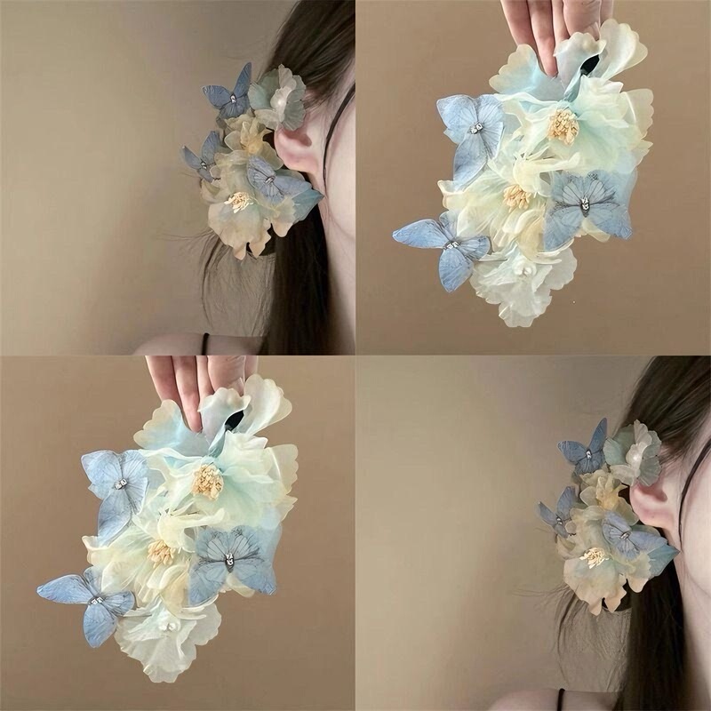 牡丹手工烫花发夹蝴蝶薄纱仙气绢花古风汉服发饰侧边花朵国风头饰|undefined