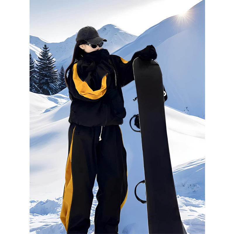 芙沿黄黑拼色滑雪服套装外套女2025秋冬新款小众防风单板雪服男|undefined