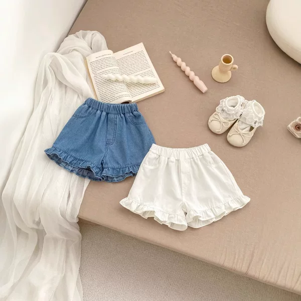 2026 Summer Baby Soft Denim Shorts for Girls, Solid Color Ruffled Denim Pants, Fashionable Outerwear Shorts