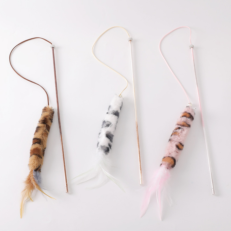 Pluma divertido gato palo gato juguete leopardo Impresión de peluche mascota gato divertido varilla auto-Hola campana gato suministros de juguete al por mayor