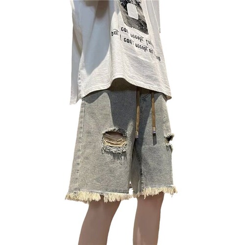 Vintage Frayed Hole American Street Style Men's Summer Thin Trousers Trendy Brand Cool Bad Boy Five-Finger Pants