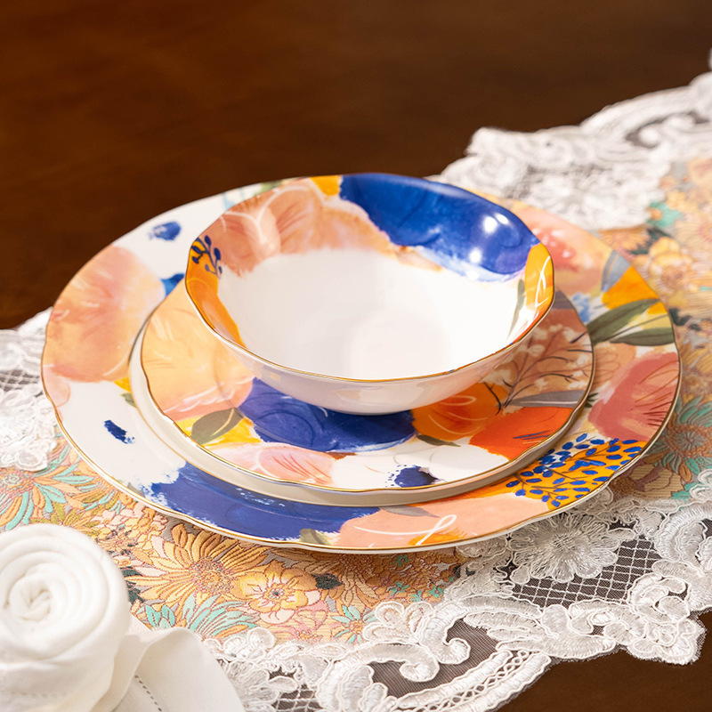 Household High Bone China Tableware Set High Color Value Watercolor Oil Painting Light Luxury Ceramic Bowl Dinner Plate Set Ceramic Western Food Plate