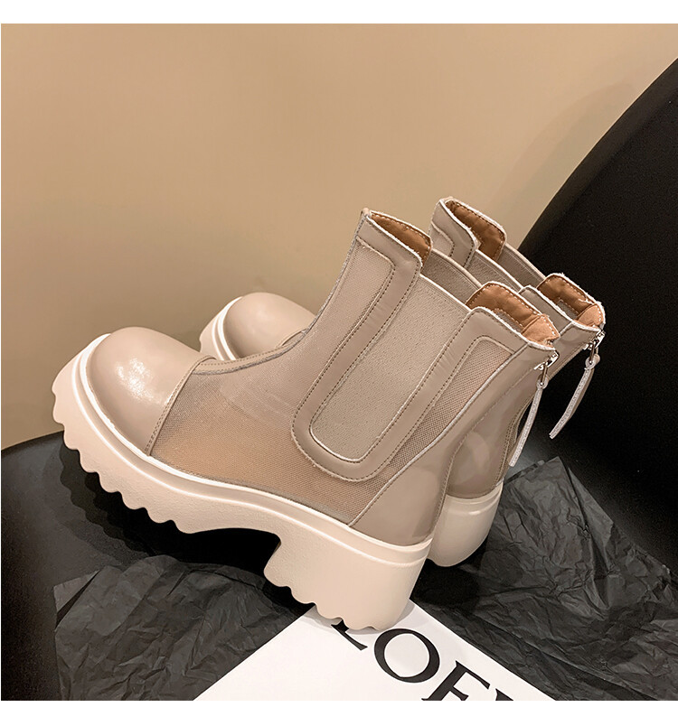 Boot ngắn nữ da bò mũi tròn đế dày thoáng khí khóa kéo sau — Màu đen, Màu mơ chi tiết 74