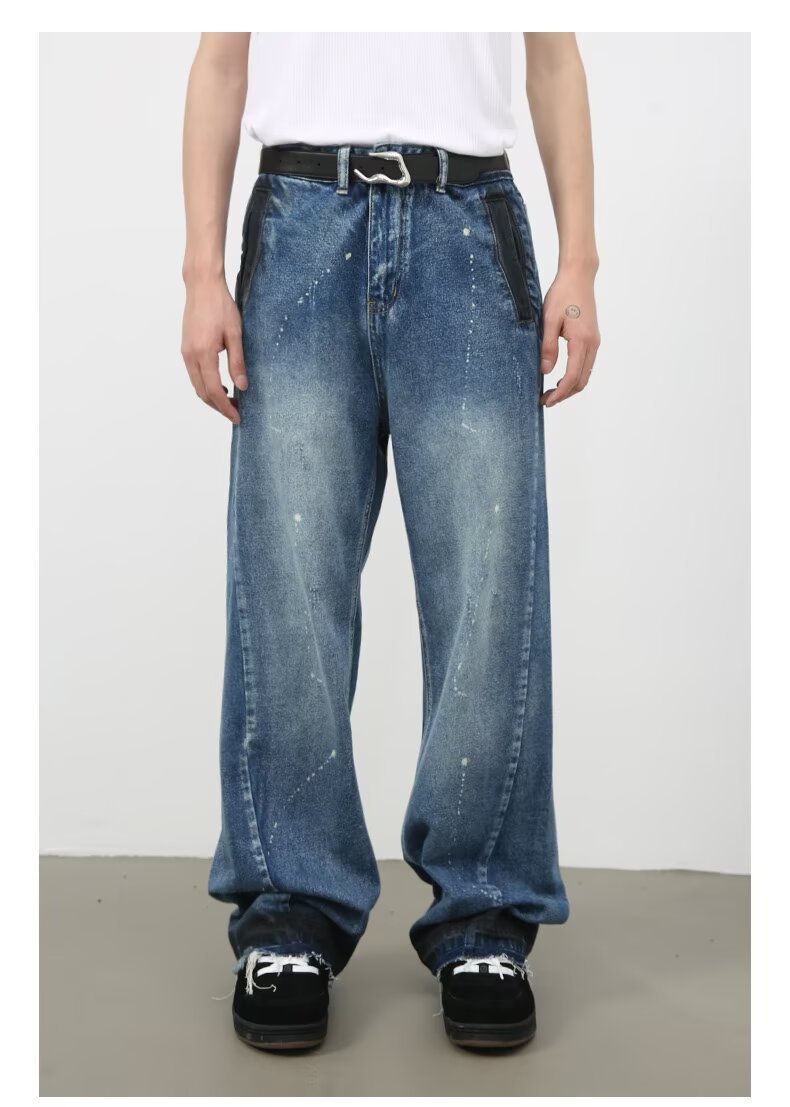 Men's Oversized Relaxed Fit Jeans Streetwear Splatter Wash Vintage Blue Paint Effect Denim (XS-3XL)_mkmklike.com