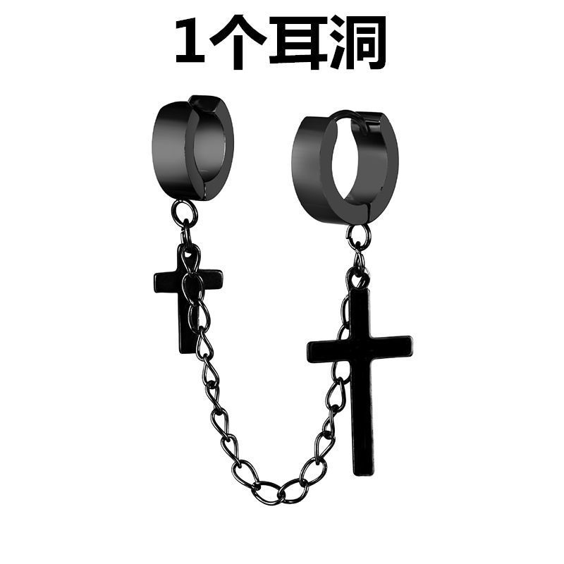B 크로스 귀 버클 + 귀 뼈 클립 (1 귀 구멍) 블랙