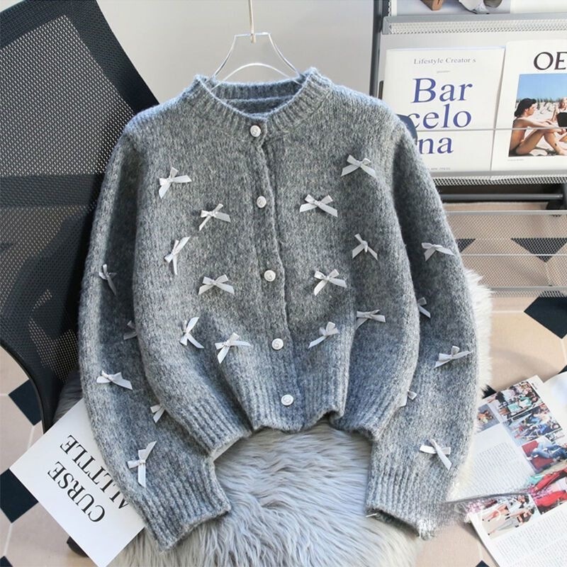 Women's New Sweater Cardigan with Bow, Chanel-Style Knit Cardigan, Chic and Unique Top, Spring Niche White Color Women's New Sweater Cardigan with Bow, Chanel-Style Knit Cardigan, Chic and Unique Top, Spring Niche White Color