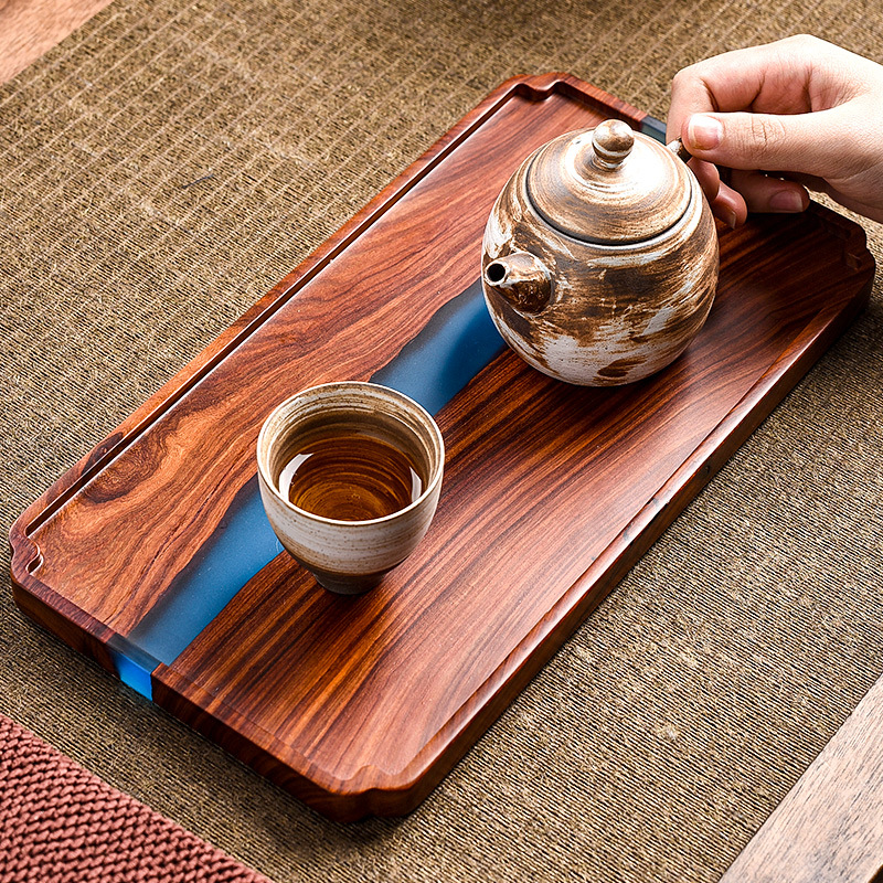 Placa de madera hoja pequeña bandeja de té de sándalo rojo resina epoxi mesa de té de la vendimia Oficina en casa tamaño pequeño bandeja de té bandeja de burbujas secas