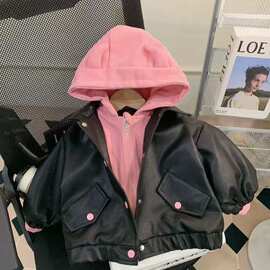 女童连帽皮衣外套春季新款儿童洋气时髦宝宝春装休闲夹克上衣