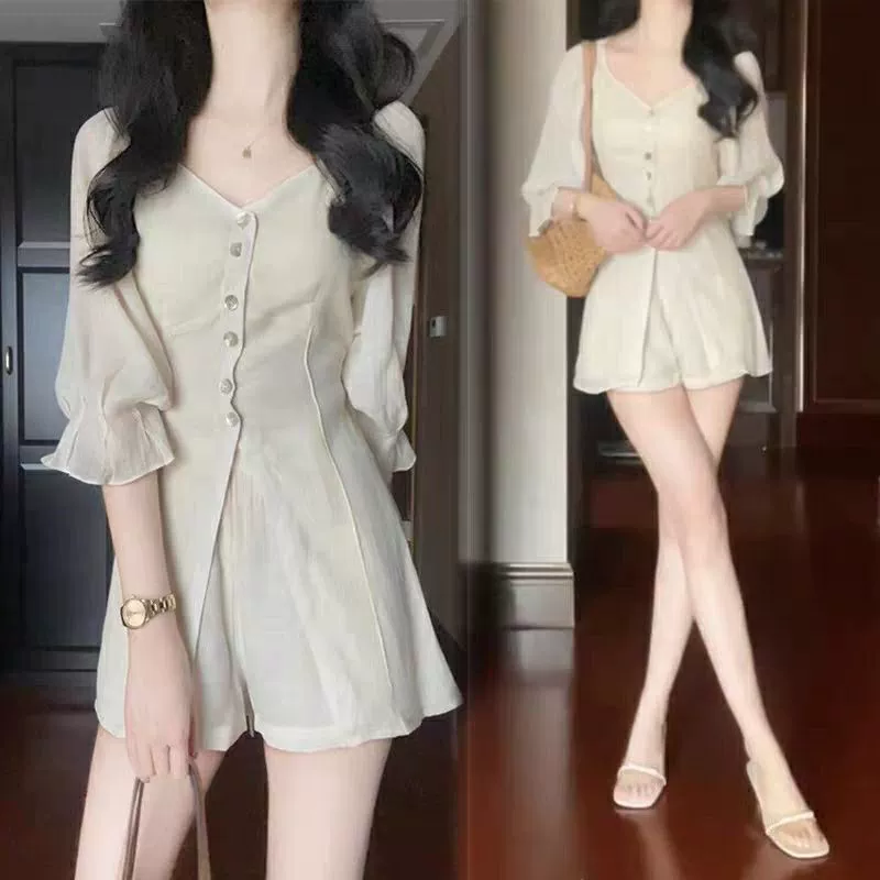 Летний женский костюм, новый стиль, однобортная рубашка с длинным рукавом, модные шорты с высокой талией, комплект из двух предметов