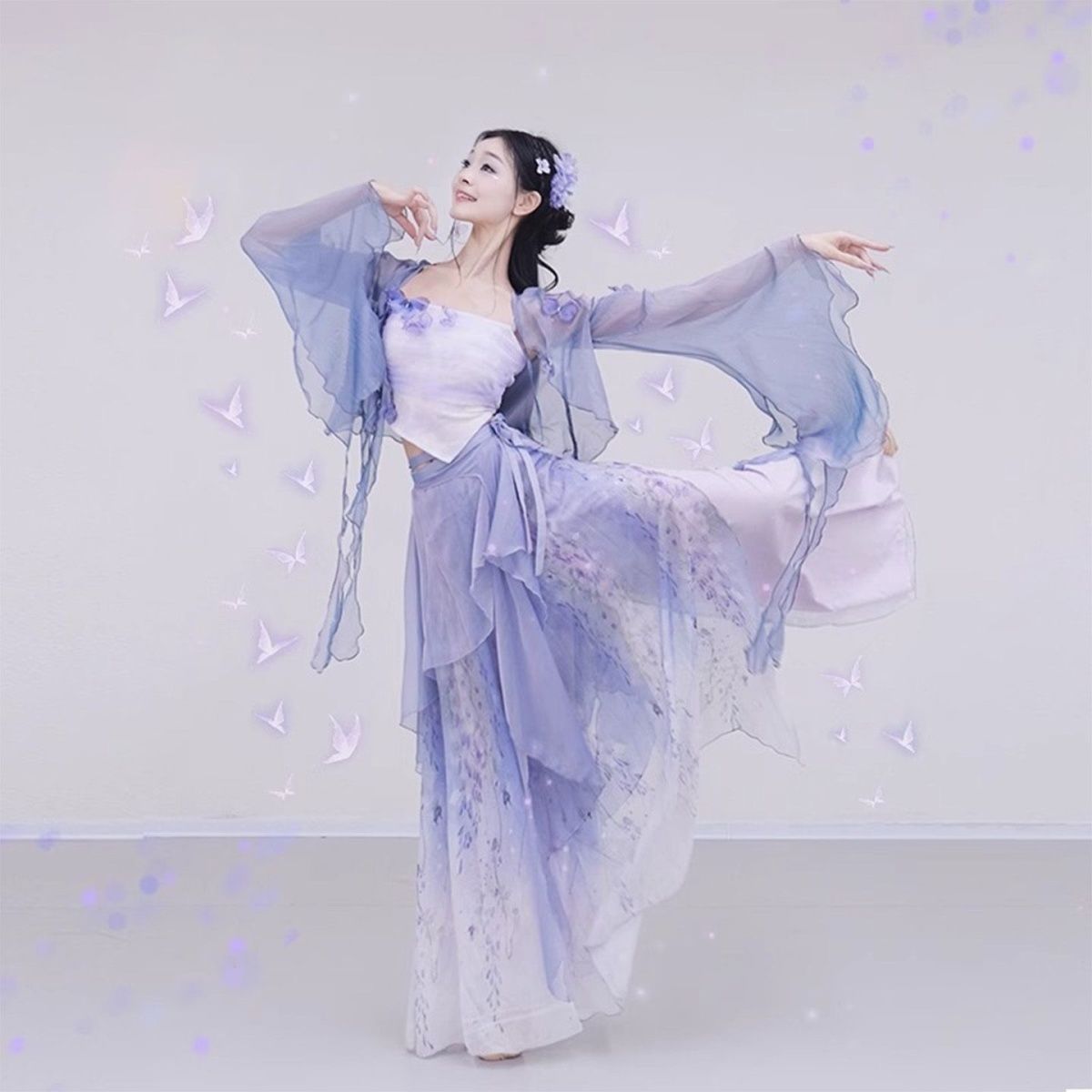 New Classical Dance Gradient Flowing Gauze Dress with Bell Sleeves, Outer Draped Smudged Ancient Style Double-Layer Pants Skirt Performance Outfit Practice Wear