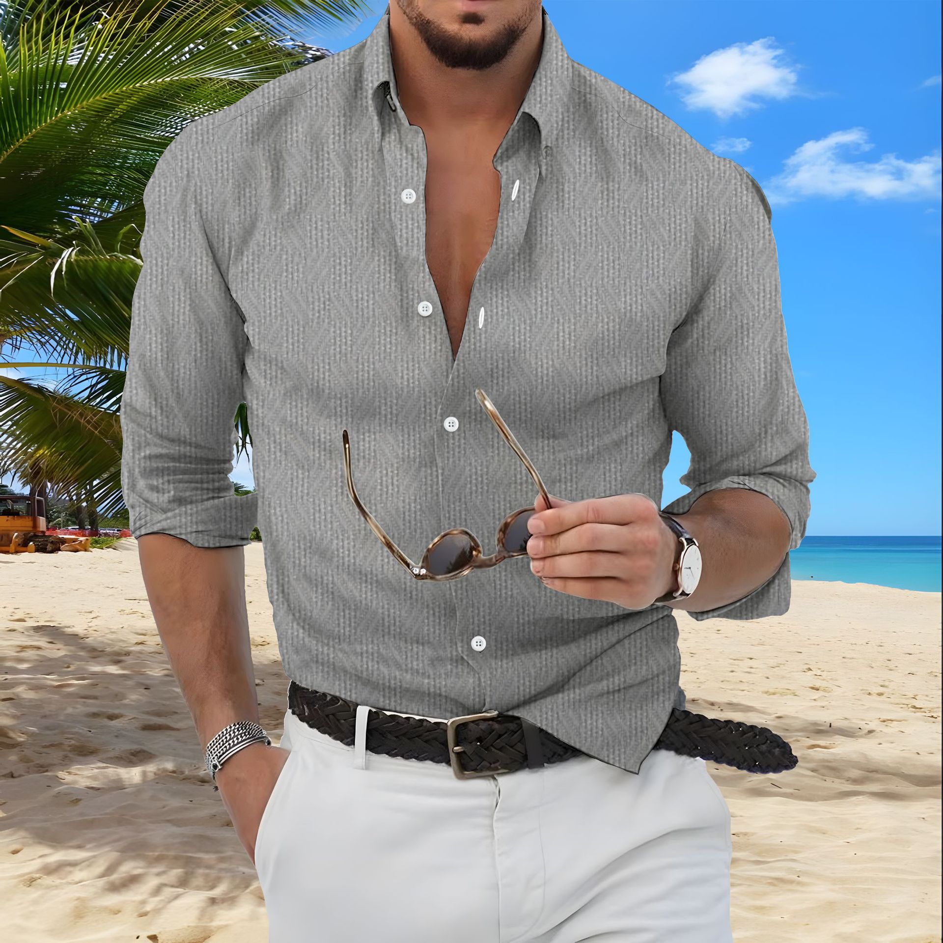 Sommerliches, lässiges, einreihiges, langärmliges, einfarbiges Revers-Cardigan für Herren mit locker sitzendem Hemd_voghion.com