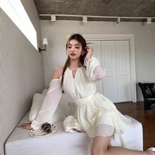 法式富家千金杏色雪纺连衣裙秋冬雪纺短裙荷叶边收腰约会公主