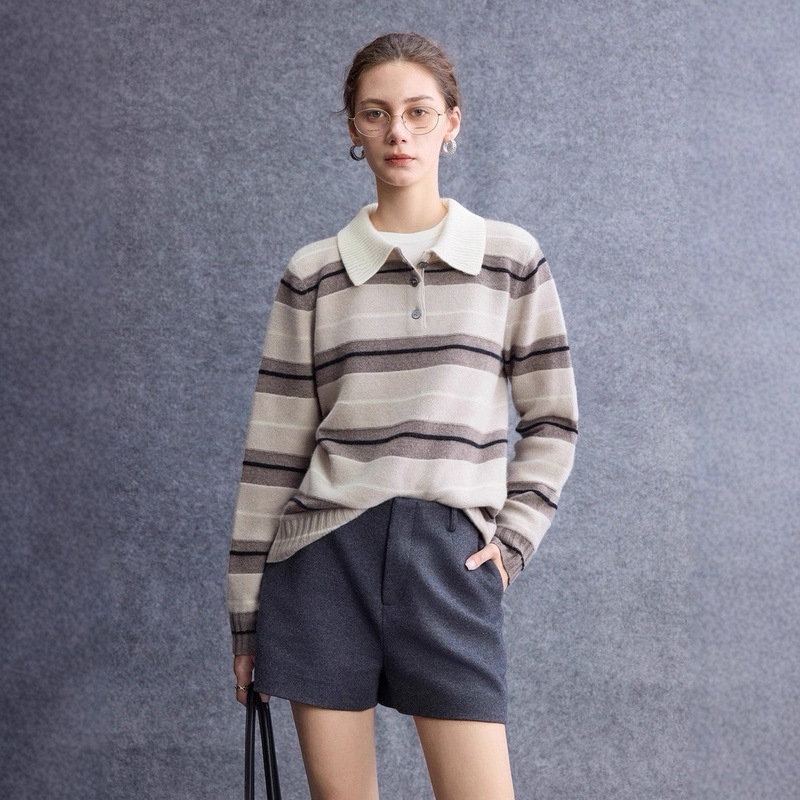 Relaxed Old Money_Fashionable Contrast Color Striped Fluffy Warm Cashmere Wool Polo Lapel Long Sleeve Sweater