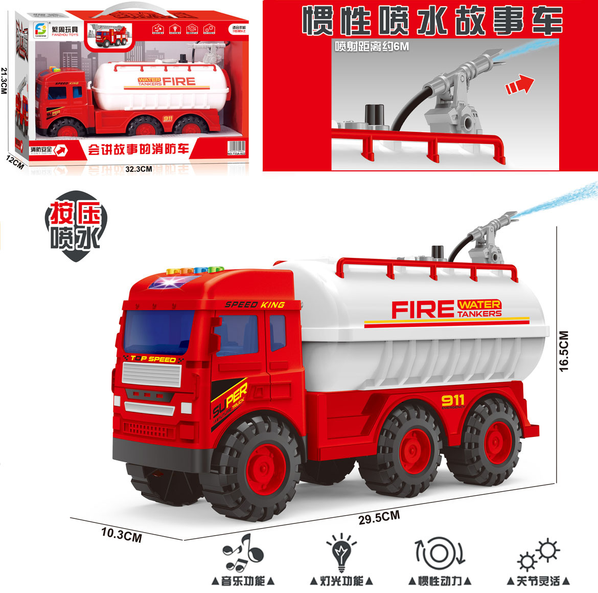 Fire sprinkler truck with sound and light can spray water [29.5*10.3*16cm]