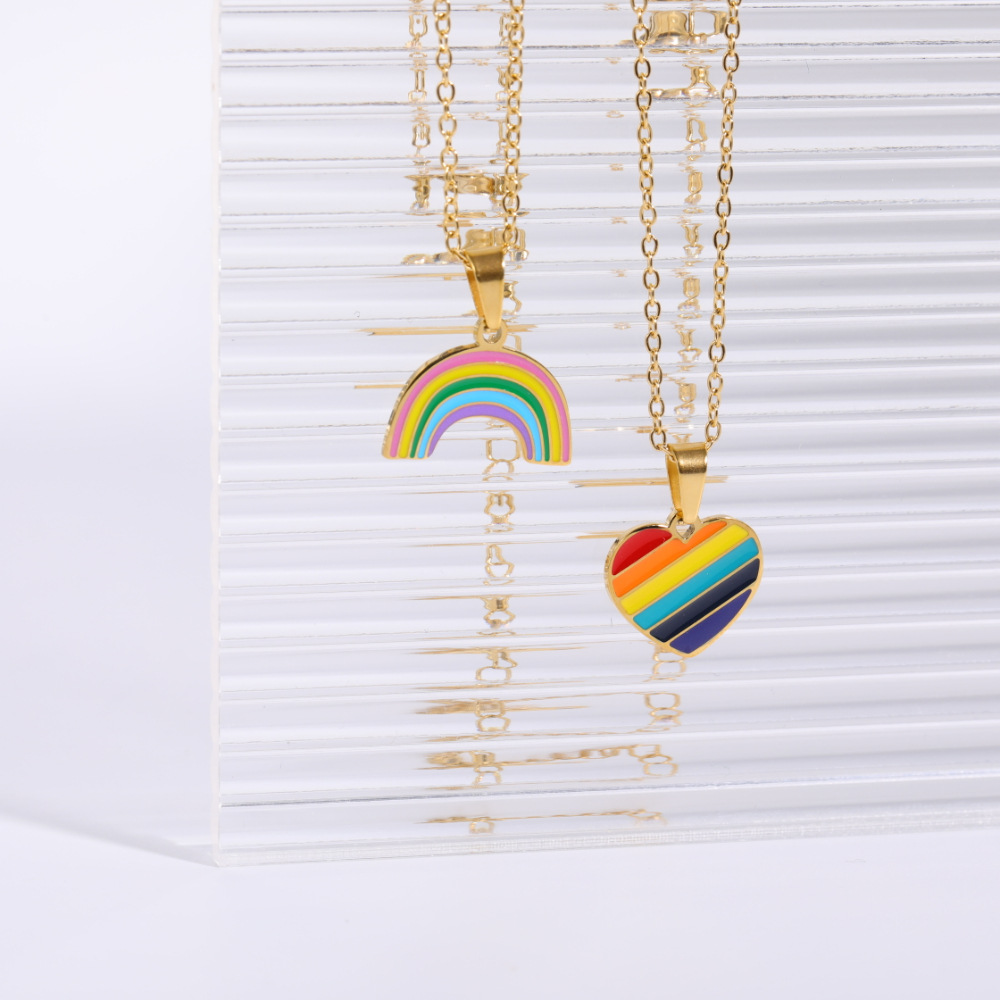 Fashion Simple New Sweet Cute Drop Oil Rainbow Heart Pendant Stainless Steel Necklace