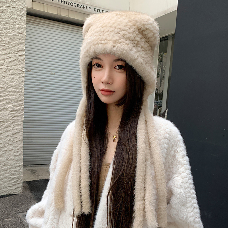 韩国水貂毛帽子女秋冬保暖貂皮流苏护耳皮草帽子显脸小旅行裘皮帽|undefined