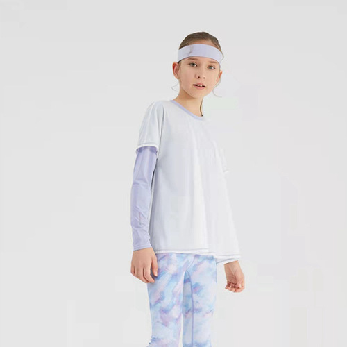 New Summer Girls Children Yoga Set Long Sleeve Double Layer Lightweight Breathable Sun Protection False Two-Piece Quick-Dry Exercise Fitness Clothes